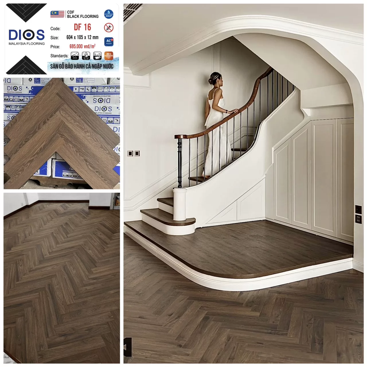 Sàn gỗ xương cá cốt đen DIOS 16 – Màu đen huyền bí và sang trọng
