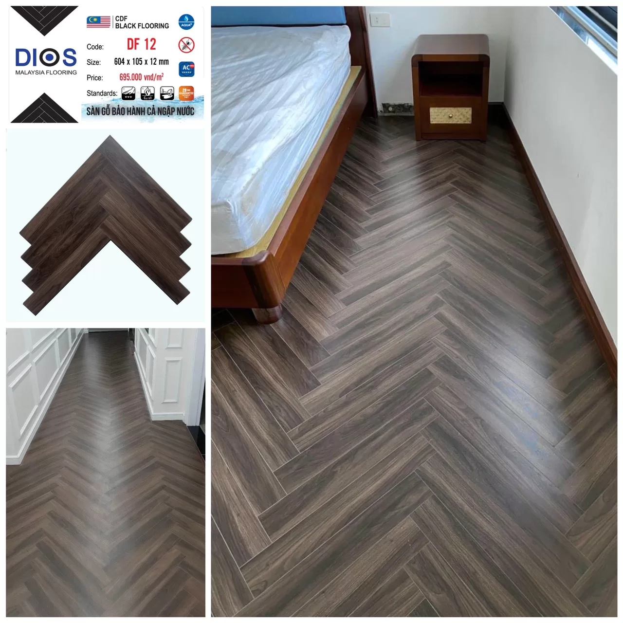 Sàn gỗ xương cá cốt đen DIOS 12 – Màu nâu đen đẳng cấp