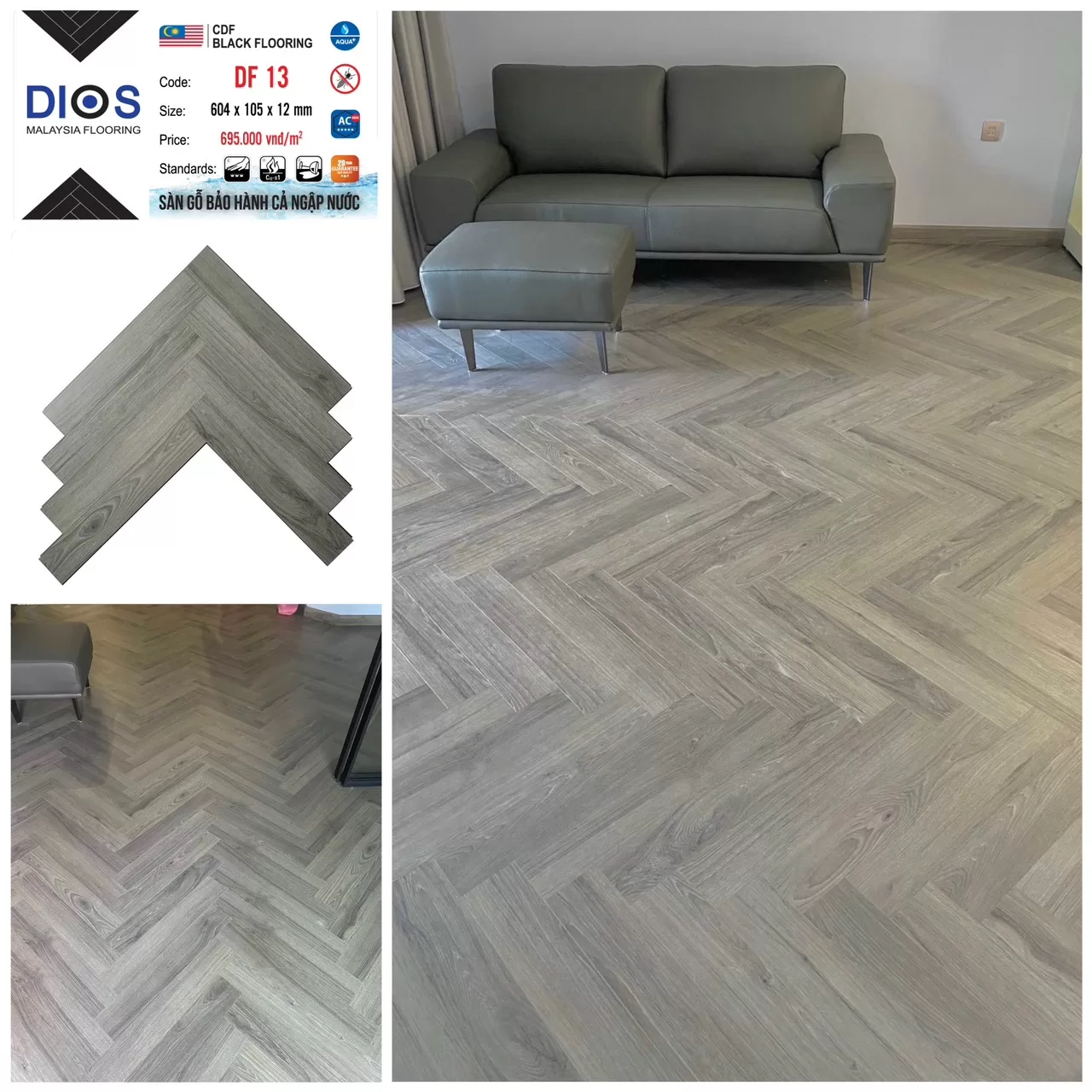 Sàn gỗ xương cá cốt đen DIOS 13 – Màu xám chuột hiện đại