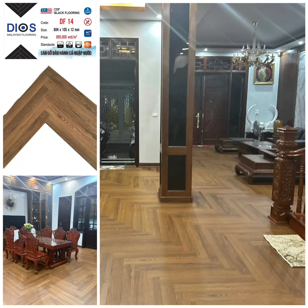 Sàn gỗ xương cá cốt đen DIOS 14 – Màu nâu cam ấm áp